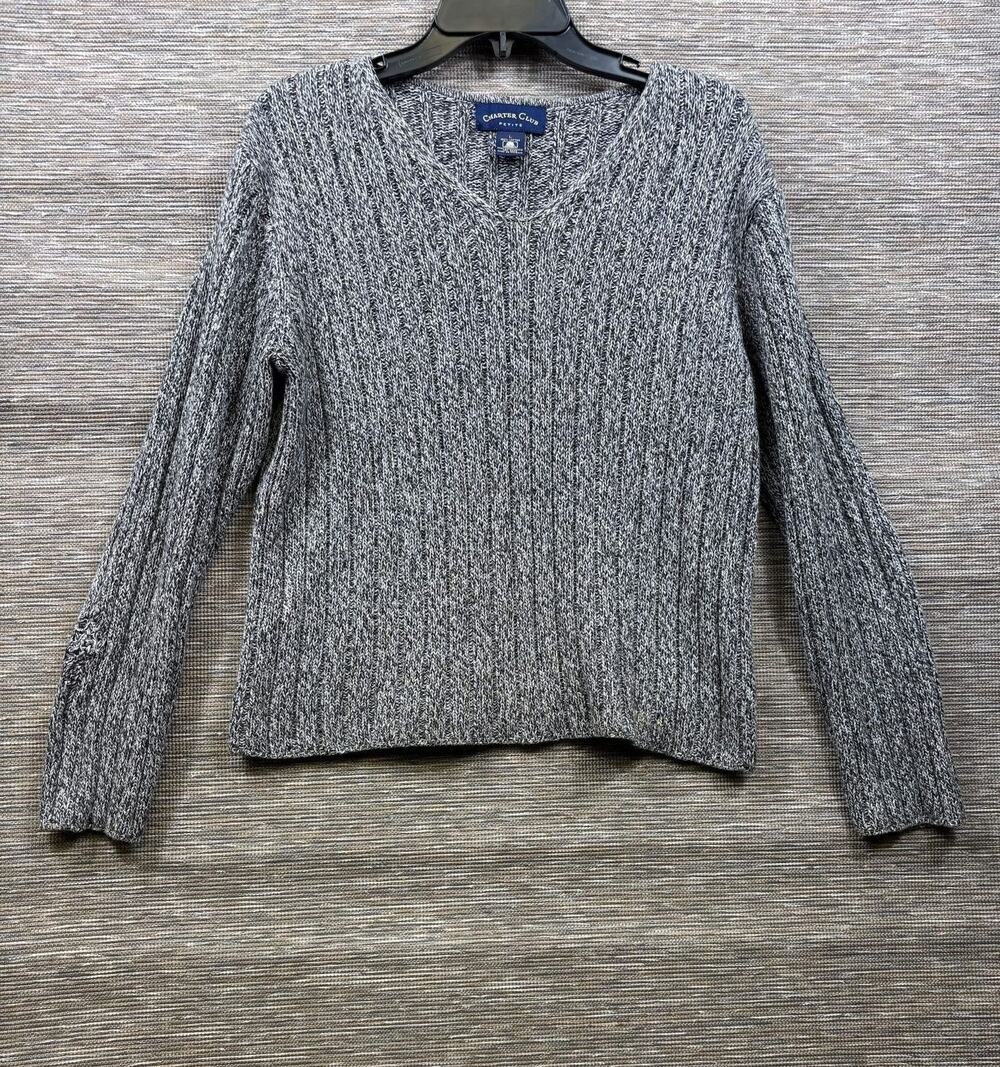 Charter Club Sweater Womens Petite Sz LP Gray Marled Cotton V Neck Knit Pullover